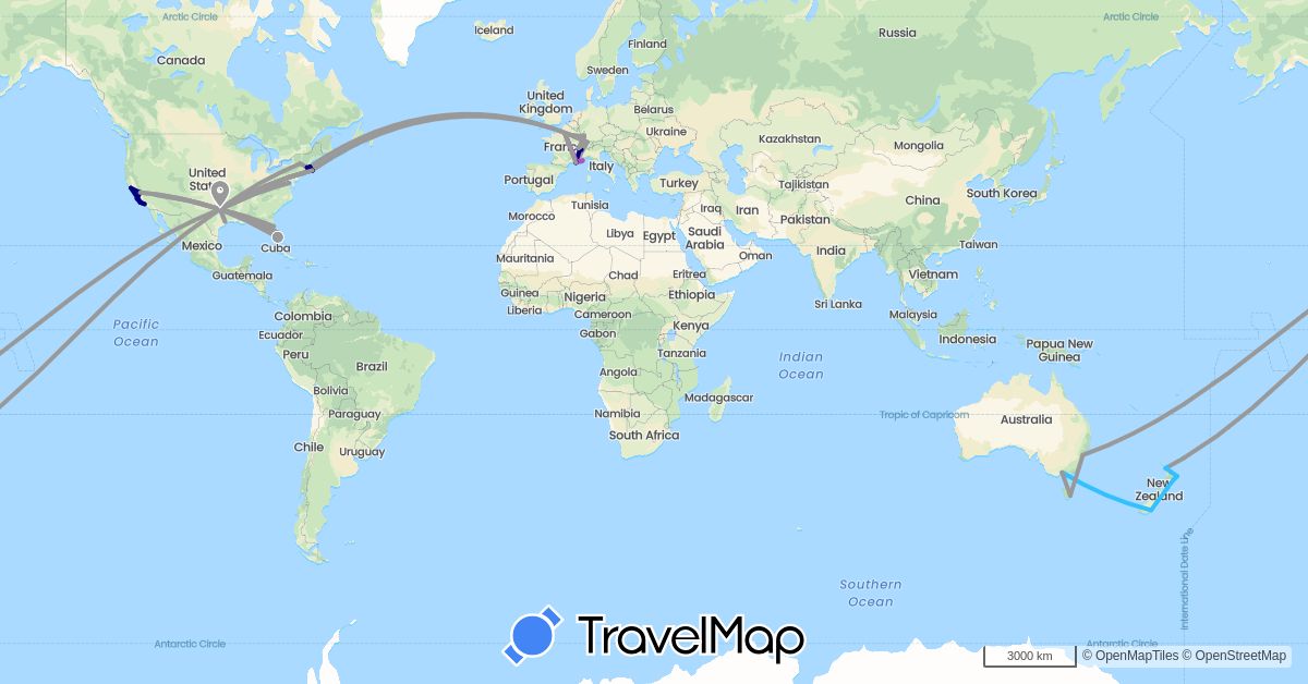 TravelMap itinerary: driving, plane, train, boat in Australia, Switzerland, France, New Zealand, United States (Europe, North America, Oceania)